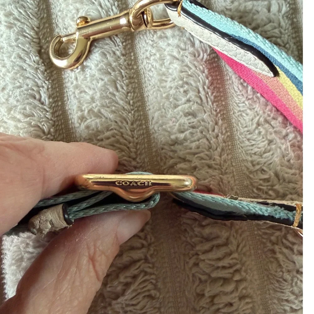 Coach Multi Color Stripe Webbing Handbag Strap White Leather Gold Hardware